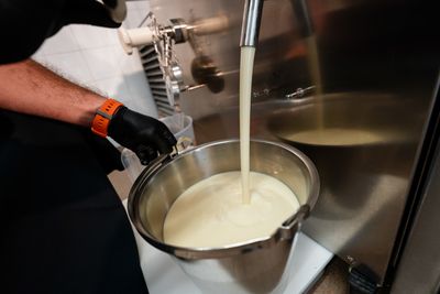 Frische Milch läuft aus der Maschine in einen Edelstahlkessel